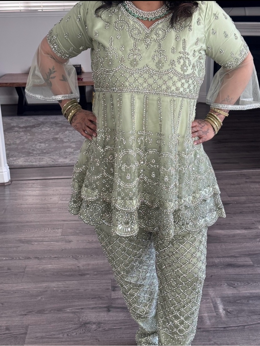 Embellished Sage Green Women's Party Pants & Tunic Set